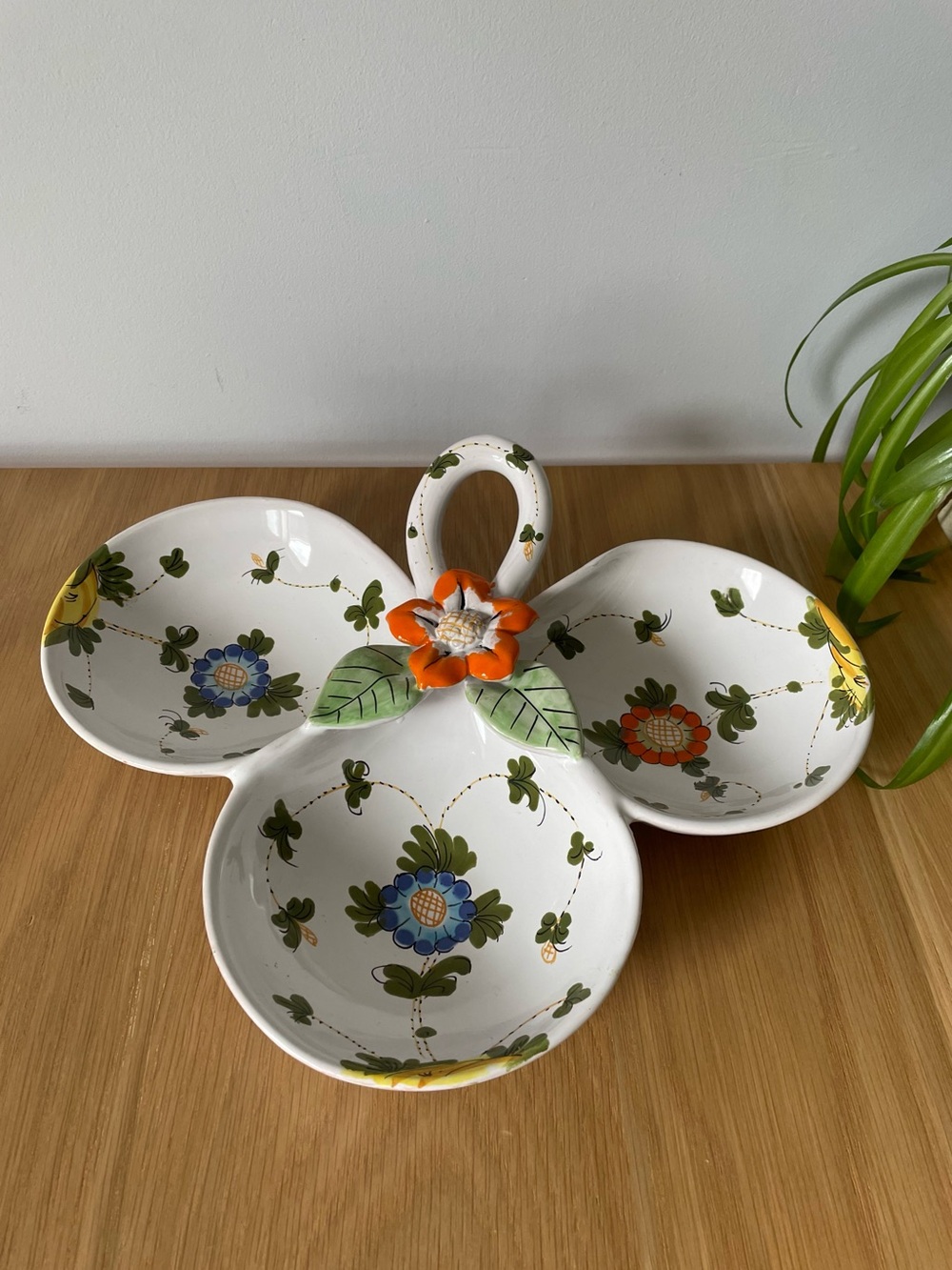 Vintage Italian Hand-Painted Floral Ceramic Triple Dish Orange Flower Handle